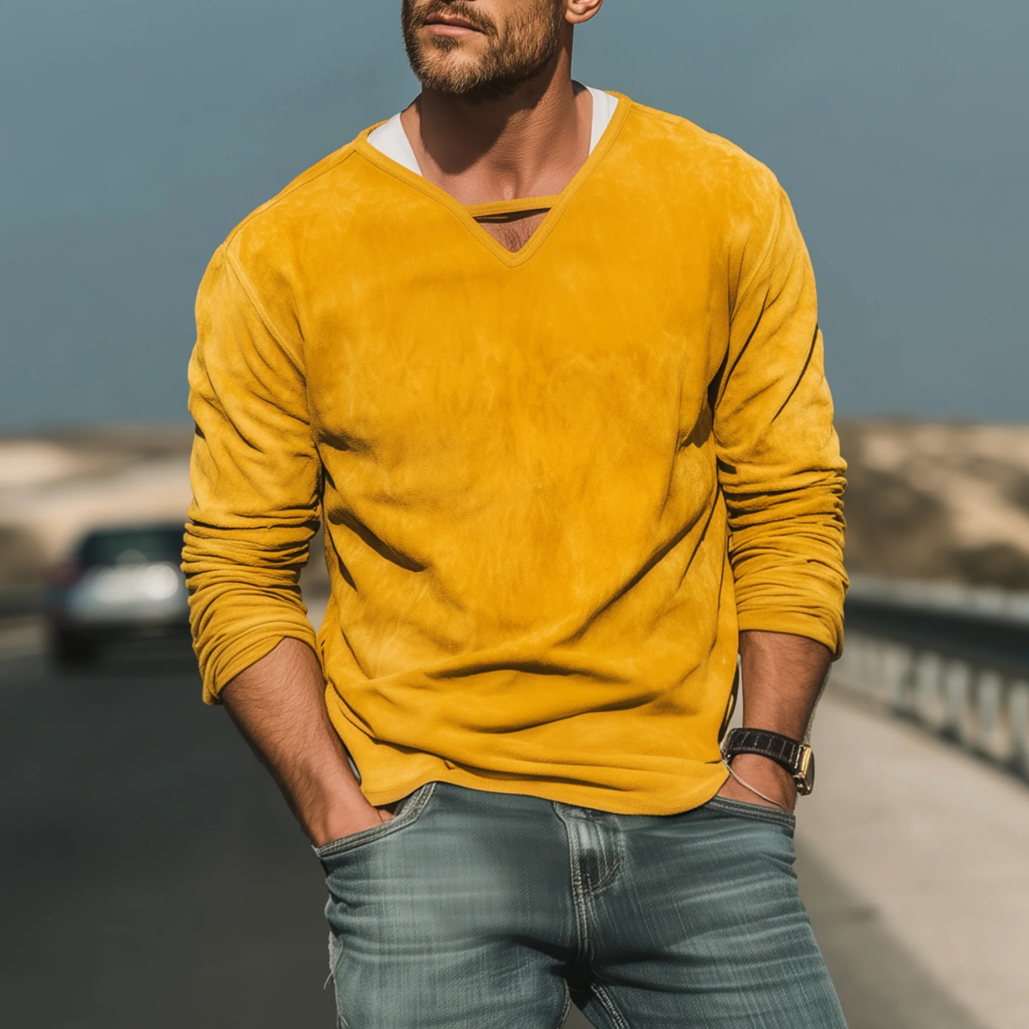 Wayne | Men'S Spring And Summer Fashion Casual Thin Suede V-Neck Loose Long-Sleeved T-Shirt - Image 2