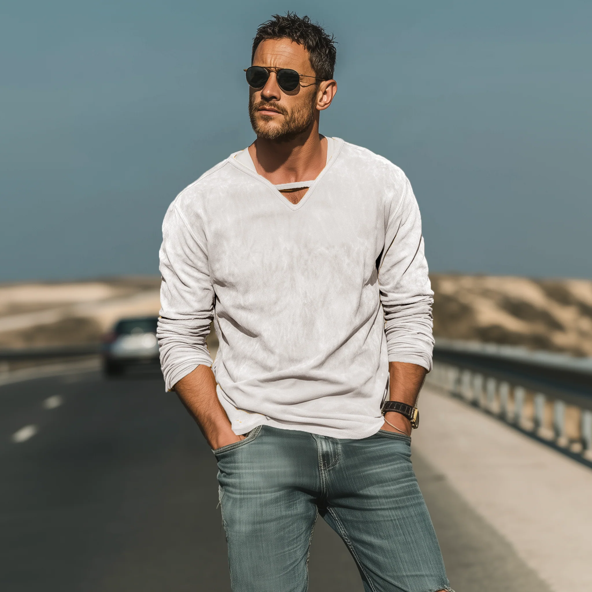 Wayne | Men'S Spring And Summer Fashion Casual Thin Suede V-Neck Loose Long-Sleeved T-Shirt - Image 5