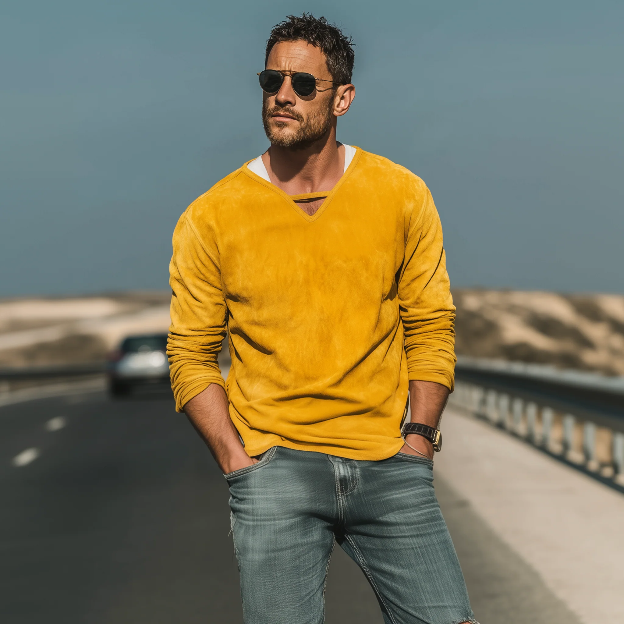 Wayne | Men'S Spring And Summer Fashion Casual Thin Suede V-Neck Loose Long-Sleeved T-Shirt - Image 6