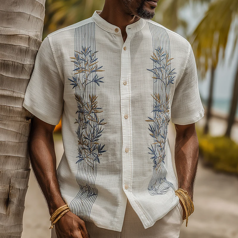 Wayne | Men'S Summer Fashion Leaf Embroidery Slub Linen Henley Collar Short Sleeve Shirt - Image 2