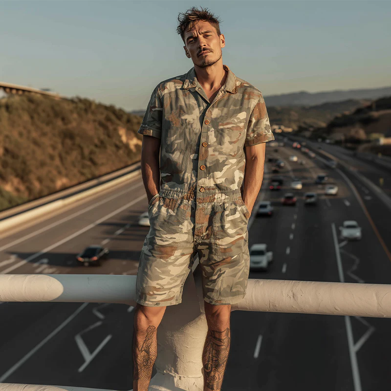 Wendell | Men'S Spring And Summer Fashion Casual Camouflage Cotton Blended Short Sleeve Shirt-Style Jumpsuit - Image 3