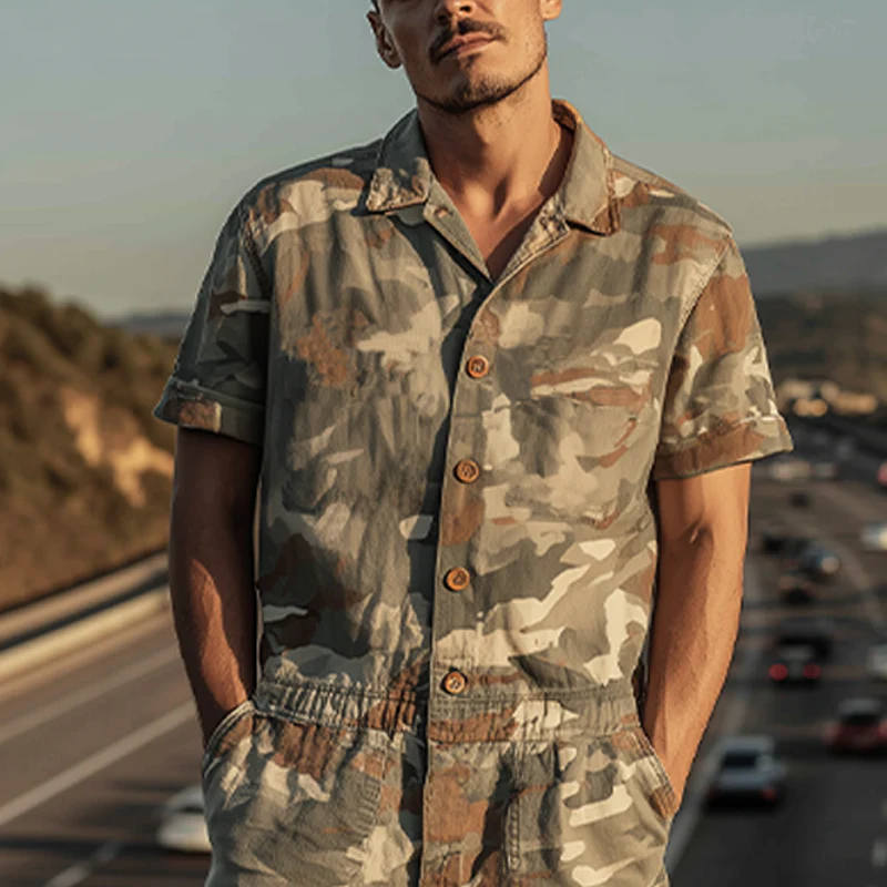 Wendell | Men'S Spring And Summer Fashion Casual Camouflage Cotton Blended Short Sleeve Shirt-Style Jumpsuit - Image 4