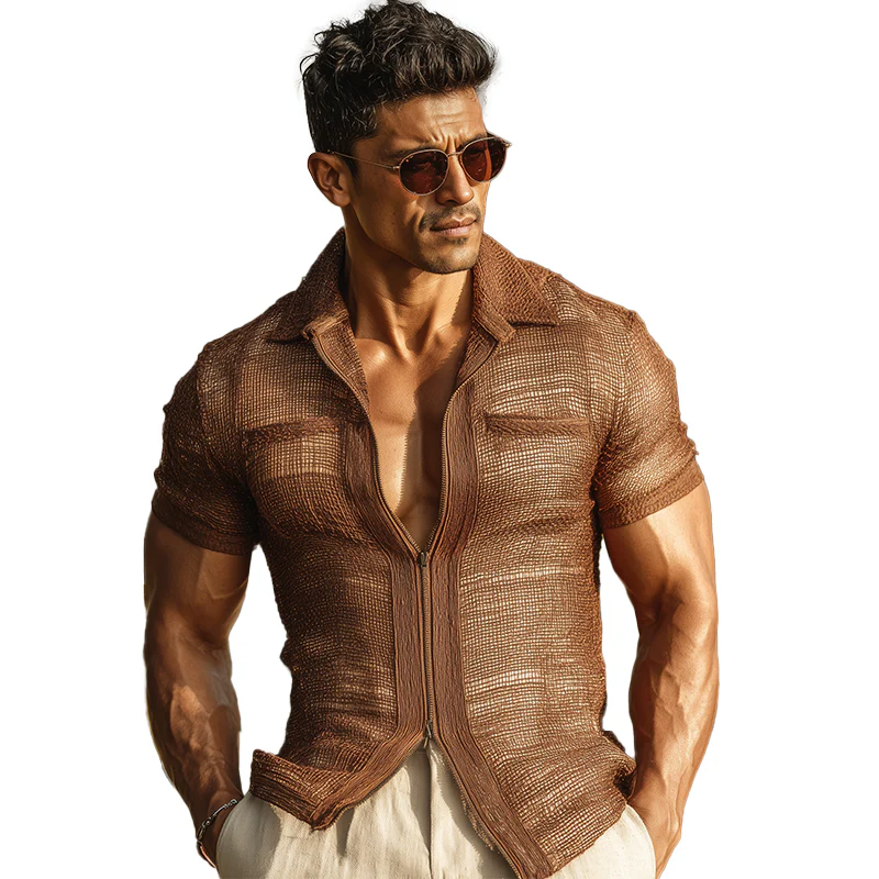 Wendell | Men'S Summer Fashion Zipper Mesh Short Sleeve Slim Shirt (With Lining)