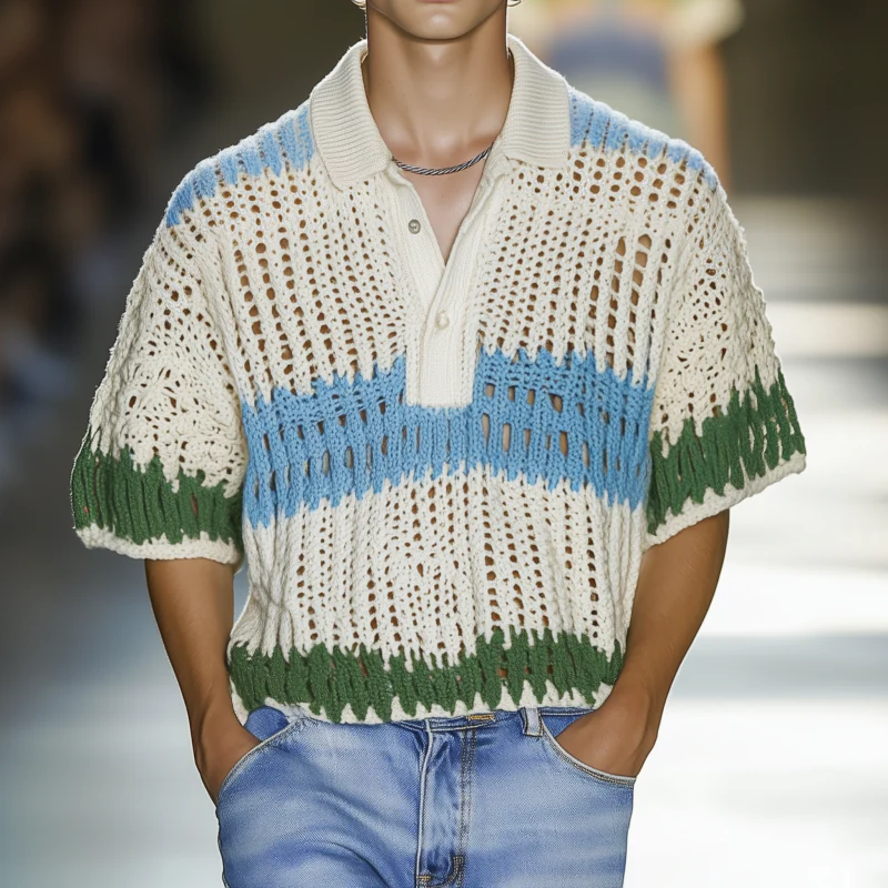 Willis | Men'S Casual Contrast Striped Lapel Loose Short-Sleeved Knitted Polo Shirt - Image 2