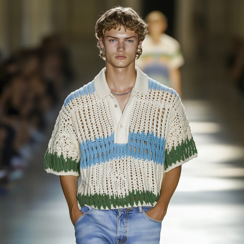 Willis | Men'S Casual Contrast Striped Lapel Loose Short-Sleeved Knitted Polo Shirt - Image 3