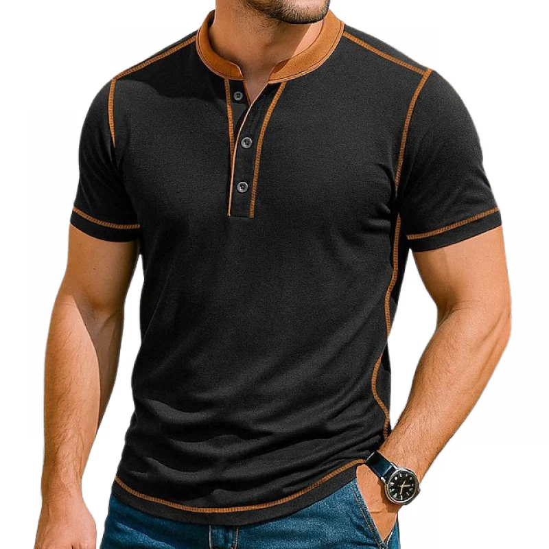 Wyatt | Men'S Casual Contrast Color Cotton Patchwork Henley Collar Slim Fit Short Sleeve T-Shirt