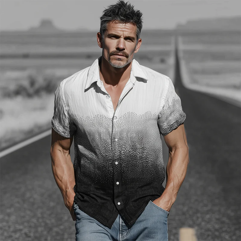 Yancy | Men'S Spring And Summer Fashion Casual Cotton Blended Art Print Gradient Short Sleeve Shirt - Image 3