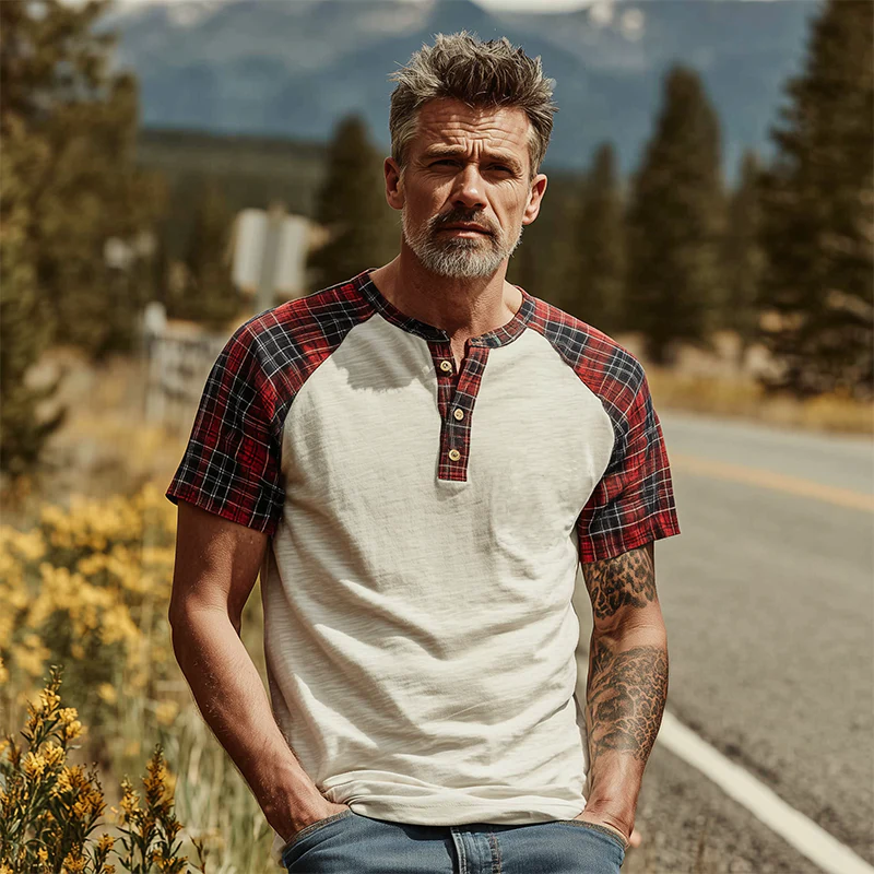Yves | Men'S Spring And Summer Fashion Casual Bamboo Cotton Splicing Plaid Henry Collar Short Sleeve T-Shirt - Image 3
