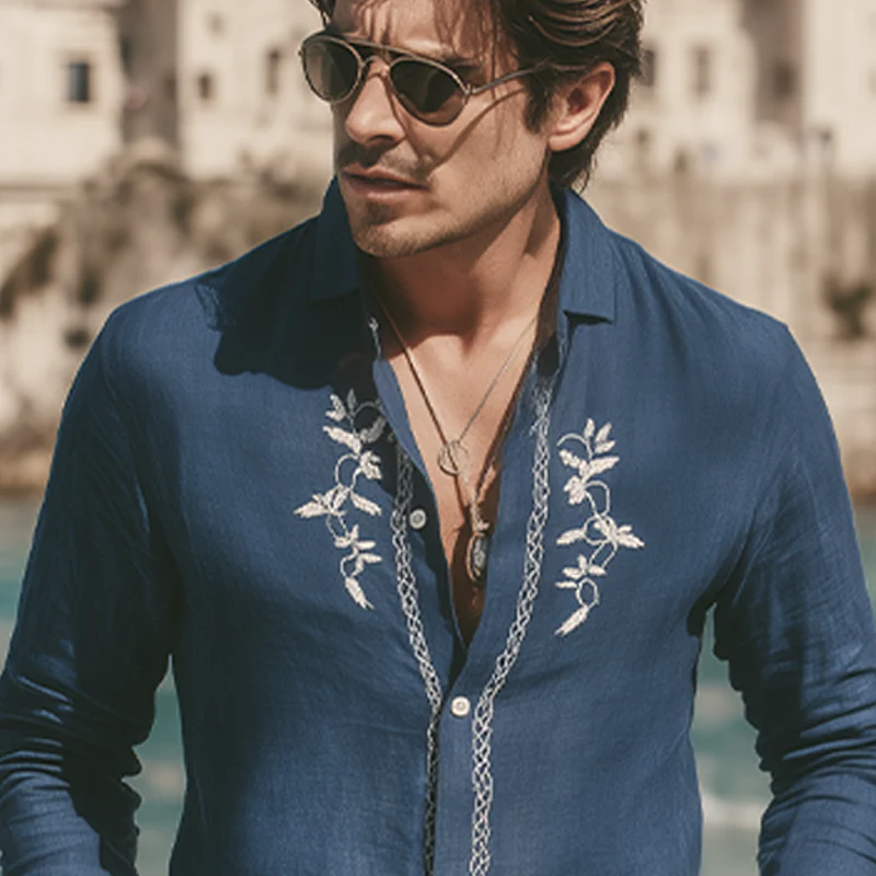 Zachary | Men'S Spring And Summer Retro Exquisite Embroidered Tencel Cotton Long-Sleeved Shirt - Image 4