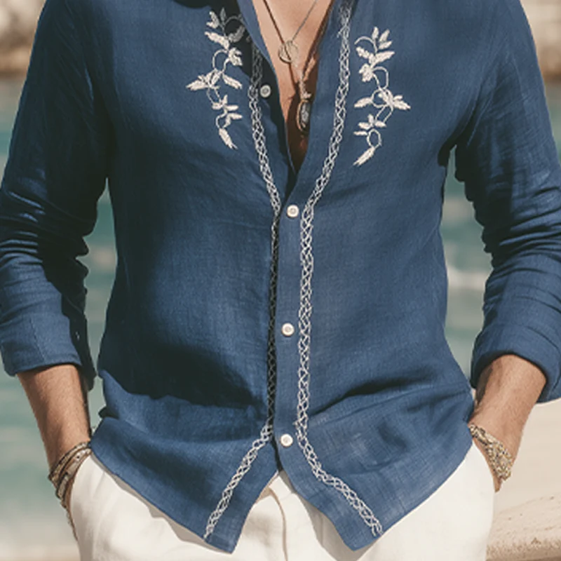 Zachary | Men'S Spring And Summer Retro Exquisite Embroidered Tencel Cotton Long-Sleeved Shirt - Image 5