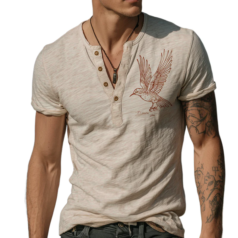 Zachary | Men'S Vintage Casual Cotton Hummingbird Print Henley Short Sleeve T-Shirt