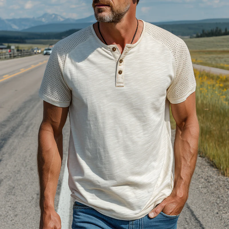 Zane | Men'S Spring And Summer Fashion Casual Cotton Blended Shoulder Splicing Mesh Henley Collar Short Sleeve T-Shirt - Image 2