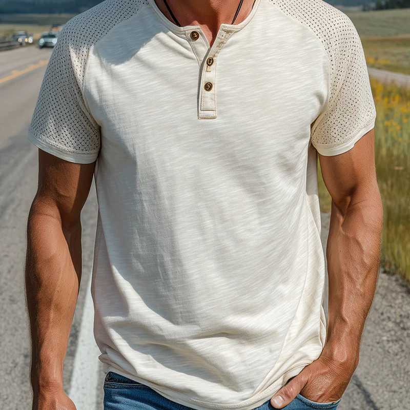 Zane | Men'S Spring And Summer Fashion Casual Cotton Blended Shoulder Splicing Mesh Henley Collar Short Sleeve T-Shirt - Image 5